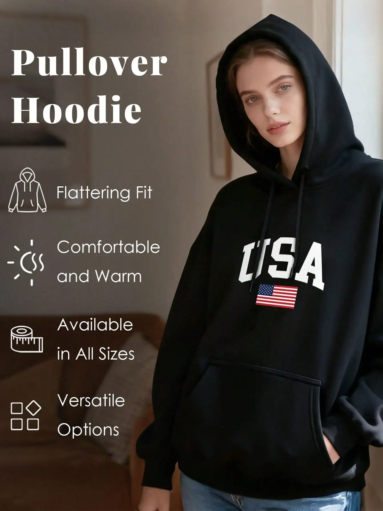 1pc Independence Day Unisex Hoodie USA Flag Print Black Hoodie, Hoodies For Men Lightweight Polyester Material, Simple Crossprint Drawstring Hoodie,