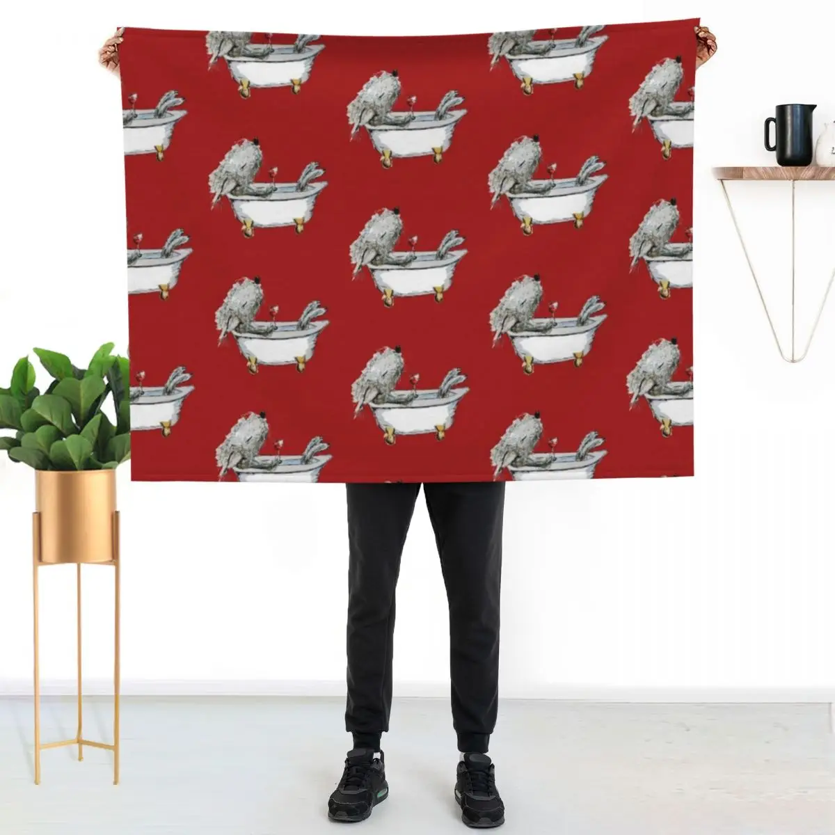 Bedlington Terrier Dog in a Bathtub, Red Background Throw Blanket Thermal Heavy blankets and throws Sofa Quilt Quilt Blankets