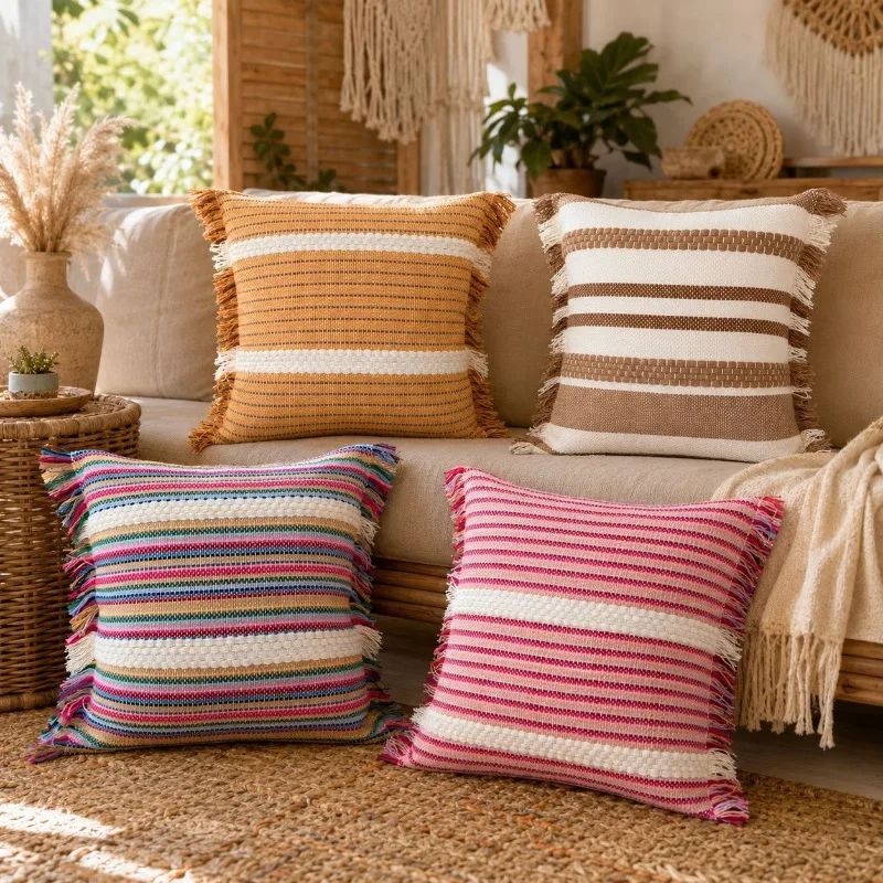 

Boho Multi-color Striped Woven Cushion Cover with Tassel Fringe Cotton Linen Geometric Textured Throw Pillow Case for Home Decor