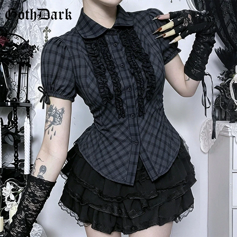 

Goth Dark Lolita Style Plaid Print Short Sleeve Shirts Casual Lapel Collar Button Blouses Women Teachwear Mall Gothic Shirt Slim
