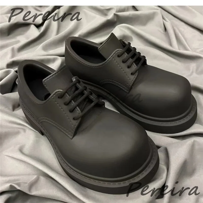 

British Style Men's Derby Shoes Black Thick Soled Leather Shoes Fashion Big Round Toe Lace-Up Couple Casual Shoes for Men Women