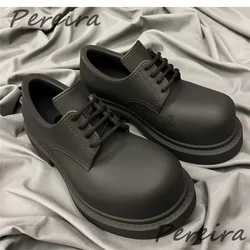 British Style Men's Derby Shoes Black Thick Soled Leather Shoes Fashion Big Round Toe Lace-Up Couple Casual Shoes for Men Women