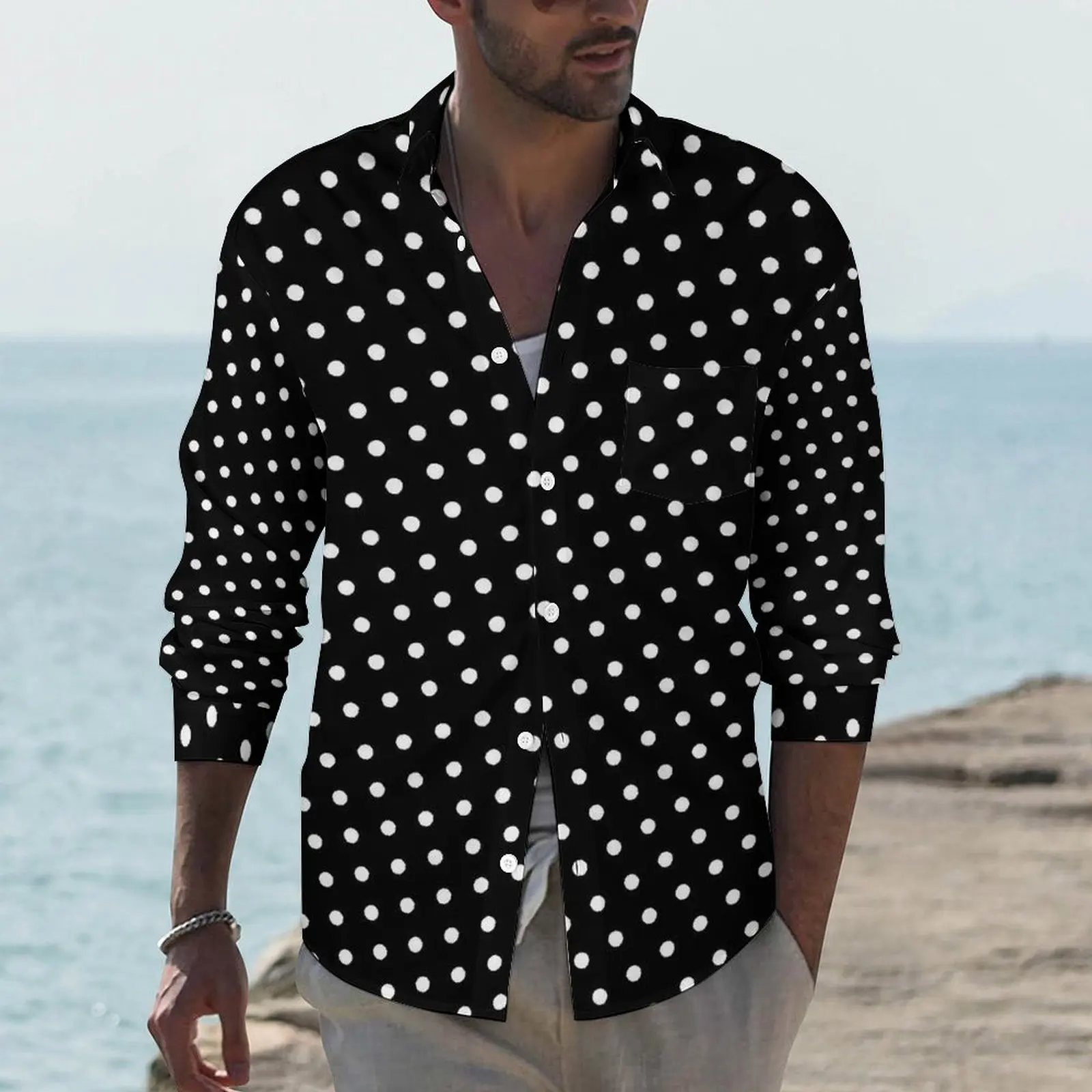 White Polka Dot Shirt Man Vintage Print Casual Shirts Spring Y2K Design Blouses Long Sleeve Novelty Oversized Clothing Gift Idea