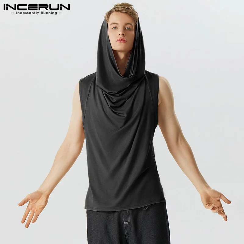 INCERUN Tops 2023 Handsome Men's Stylish Solid Hooded Waistcoat Casual Streetwear Loose Sleeveless Pile Collar Tank Tops S-5XL