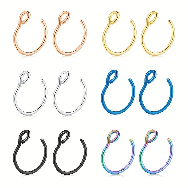 2/6/9/12pcs Fake Piercing Septum Nose Ring Set Hoop Nose Clip Lip Clip Ring For Women Daily Wear Non-Piercing Jewelry