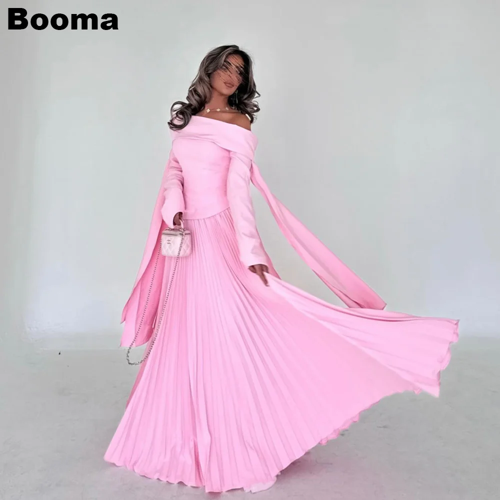 

Booma Pink A-Line Evening Dresses Boat Neck Pleats Long Sleeves Formal Occasion Dresses for Women Saudi Arabic Prom Gowns