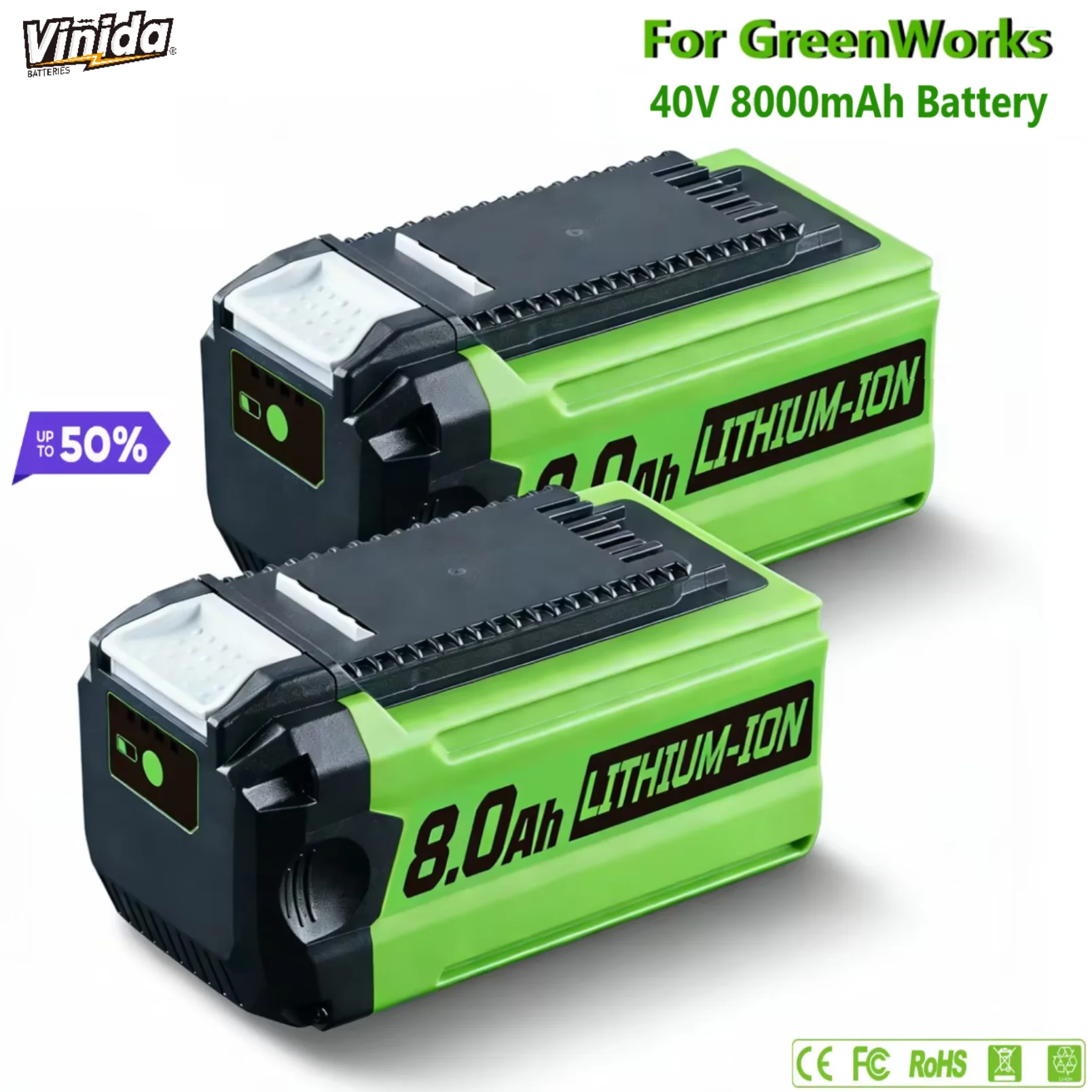 

Аккумулятор VINIDA 40В 8Ач, замена для GreenWorks G-MAX Li-ion, для газонокосилок и электроинструментов