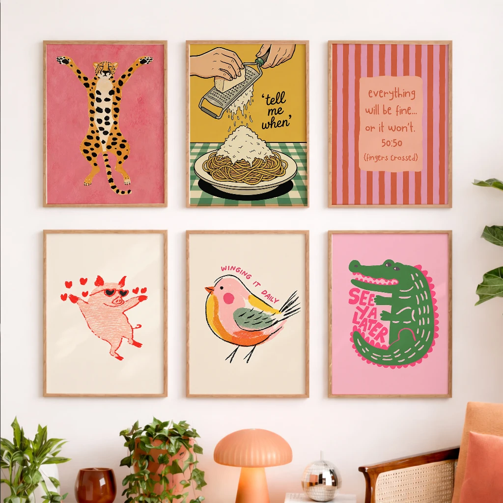 Set of 6 Pink Funny Animal Quote Canvas Poster Leopard Pasta Pig Bird Crocodile Eclectic Wall Decor Home Bedroom Living Room