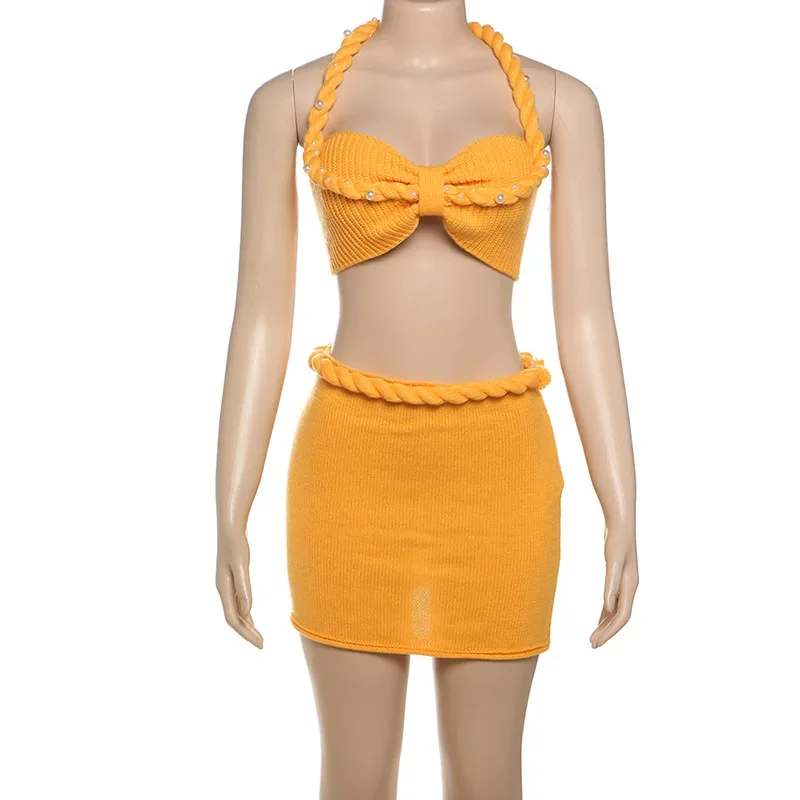 

Pearls Twist Knitted Summer Beach 2 Piece Set Women Strapless Halter Lace Backless Crop Tops + Bodycon Mini Skirts Holiday Suit