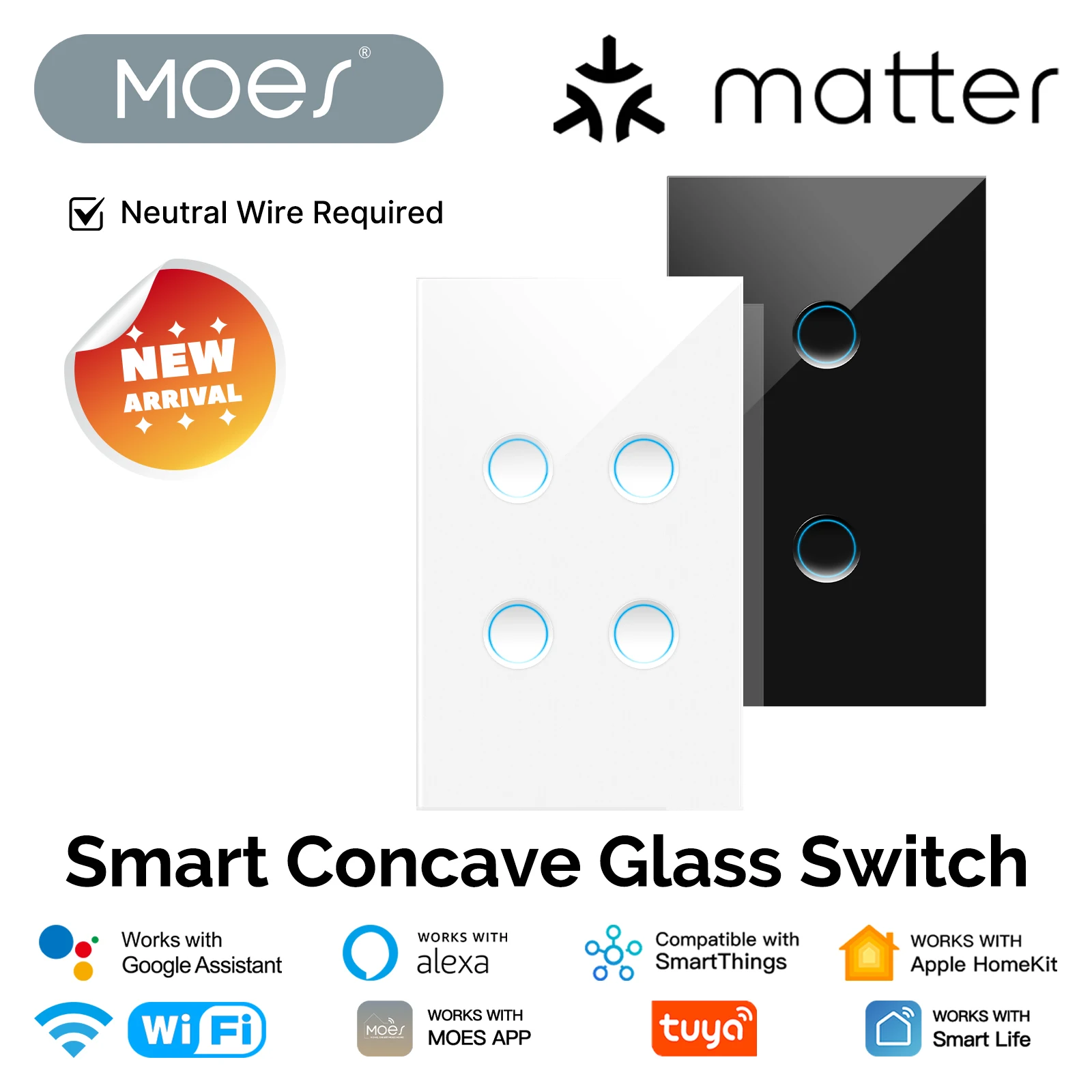 MOES Tuya Matter WiFi Konkaver Glasschalter EU/US Smart Light mit Alexa Google Home Apple Home Smartthings Neutralleiter erforderlich
