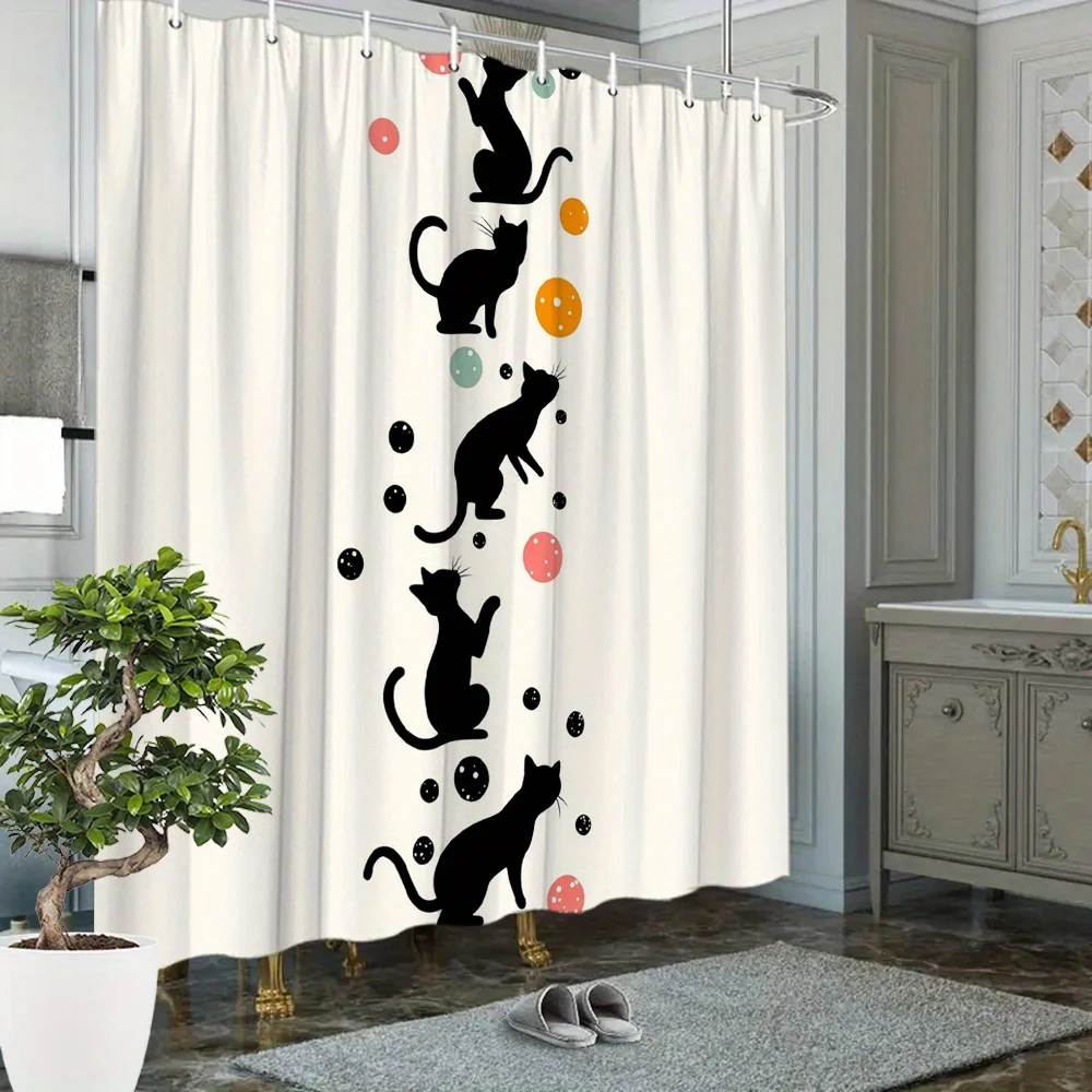 Black Cat Silhouette Shower Curtain, Cute Kitten Playing Balls Decor, Modern Waterproof Polyester Bath Screen, Pet Lover Home