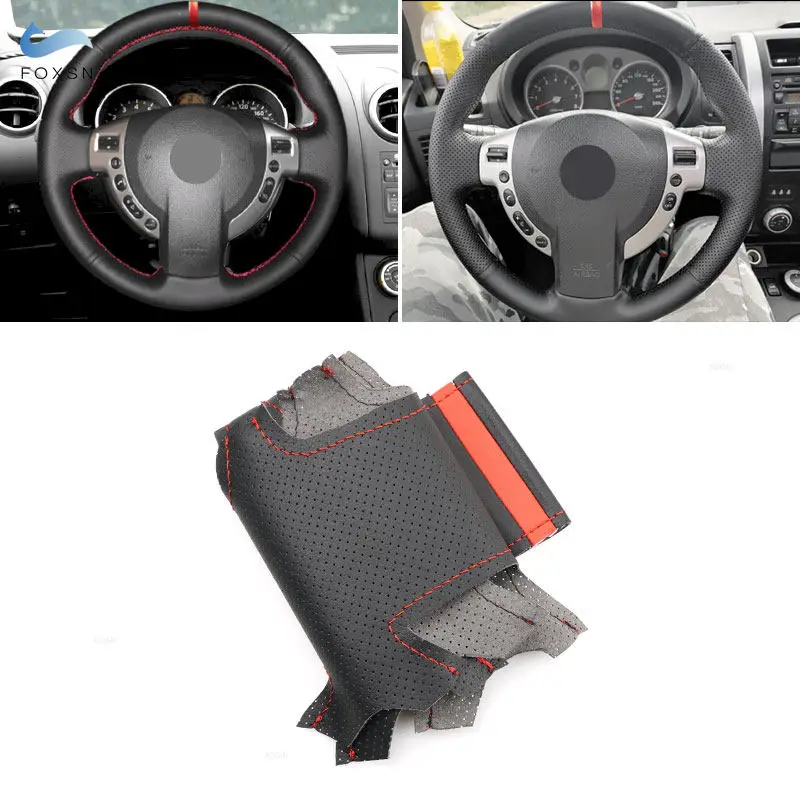 

For Nissan QASHQAI X-Trail NV200 Rogue 2008 2009 2010 Hand stitched Car Steering Wheel Cover Trim Black Leather with red strip