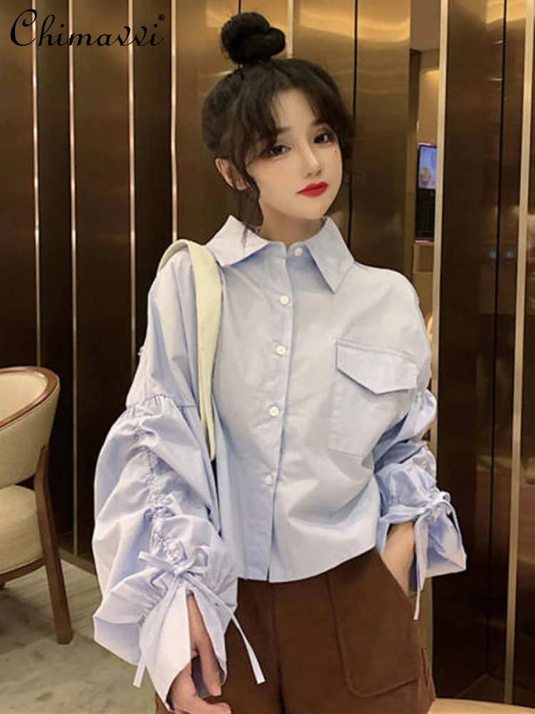 

Fashion Solid Color Long Sleeve Polo Collar Women's Short Blouse 2023 Spring Autumn Sweet Drawstring Bow Pleated Loose Shirts