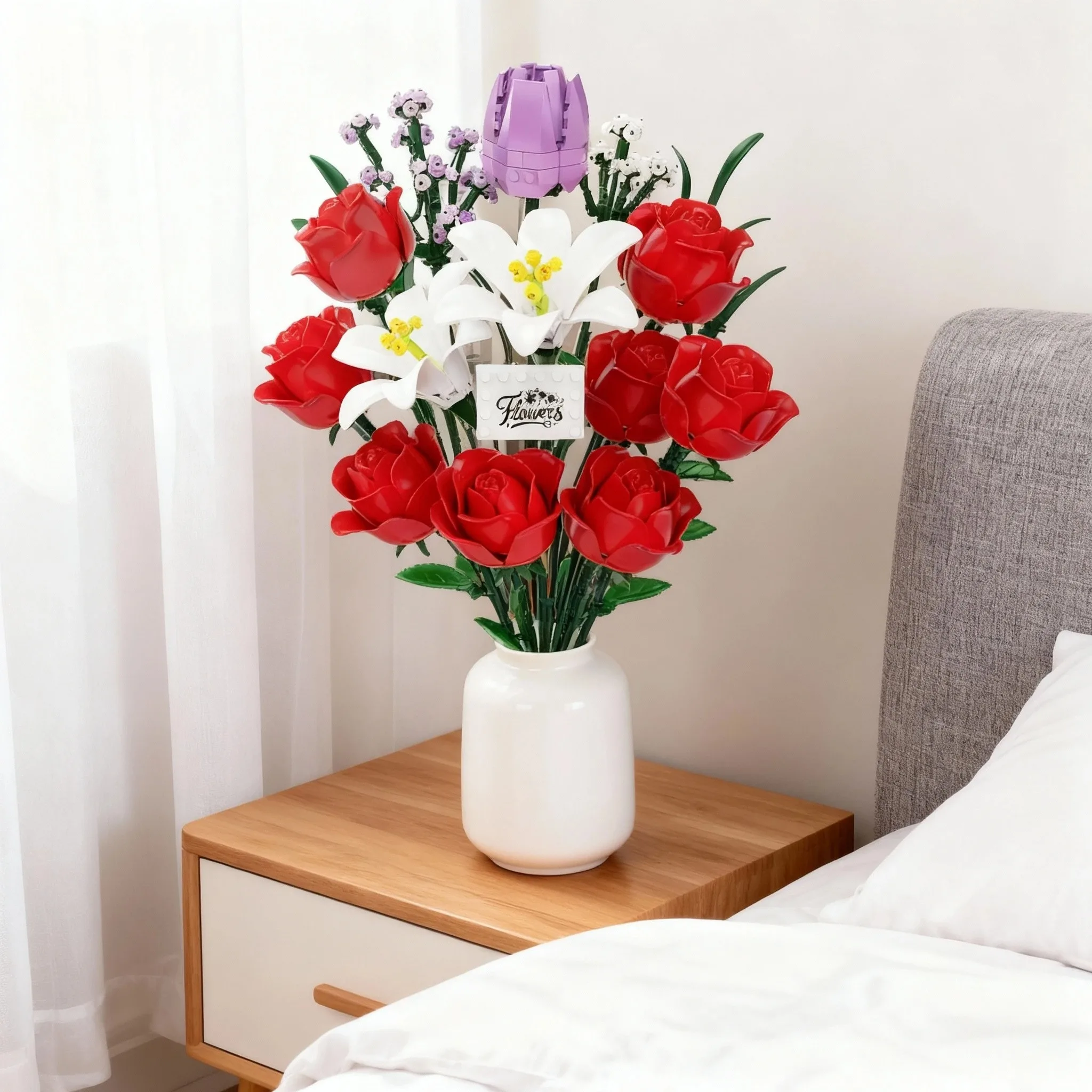 

Новый набор строительных блоков MOC 2026: Букет из тюльпанов, лилий и красных роз. Эксклюзивные искусственные ботанические игрушки (без вазы)