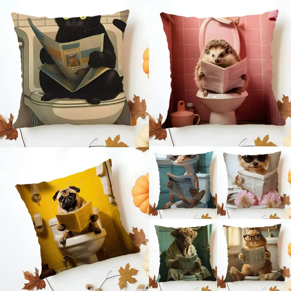 Playful Funny Bathroom Humorous Animal Cushion Cover Washable Linen comfort Soft  for Sofa Bed Cozy Home Room Decor