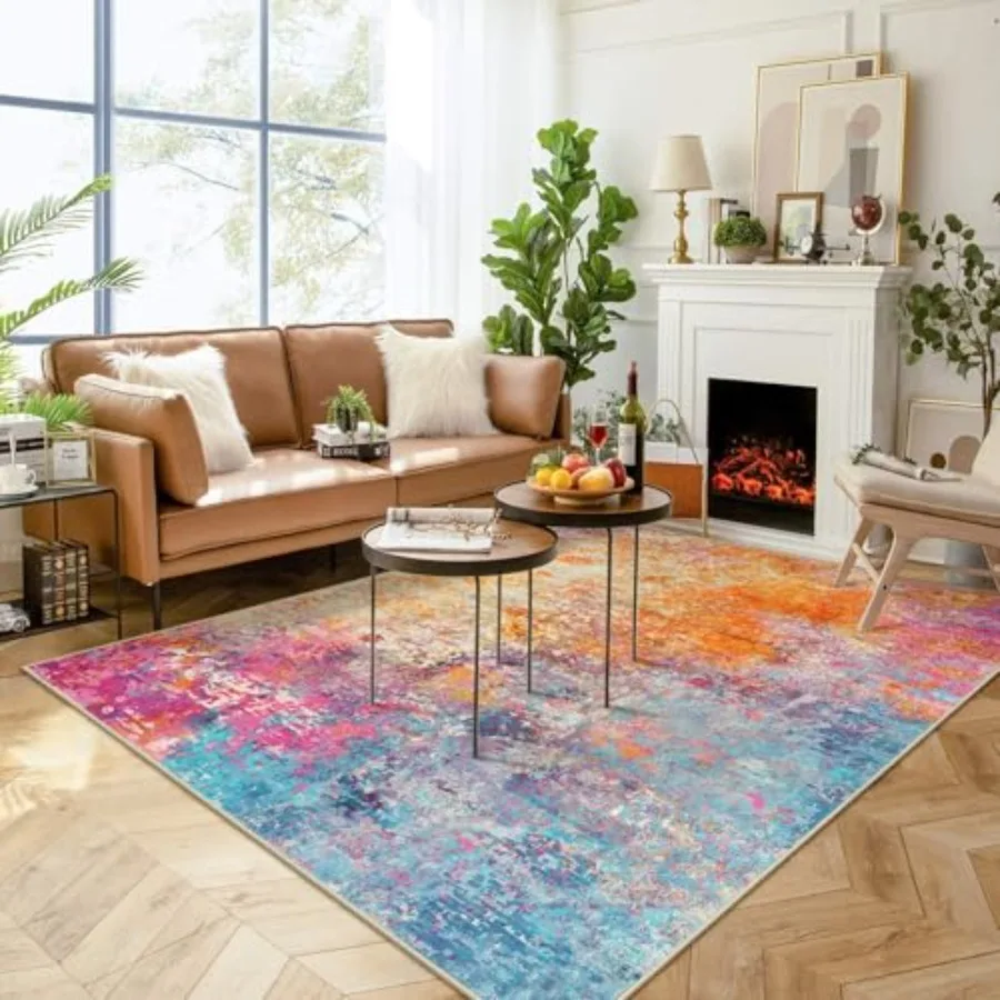 

Modern Abstract Washable Living Room Rug Colorful 8x10 Area Rugs for Bedroom Girls Non Slip Low Pile Large Soft Indoor Accent C