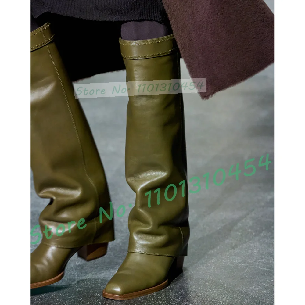 Square Toe Fold Over Knee High Boots Women Catwalk Fashion Olive Green Block Heels Long Boots Cool Novelty Autumn Beige Shoes