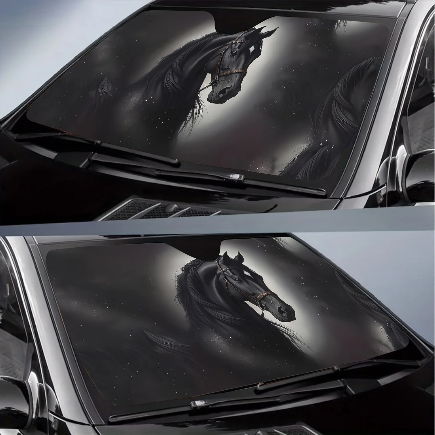 Mysterious Dark Night Galloping Horse Style Car Windshield Sun Shade Starry Sky Print Pattern UV Protection Stylish Design