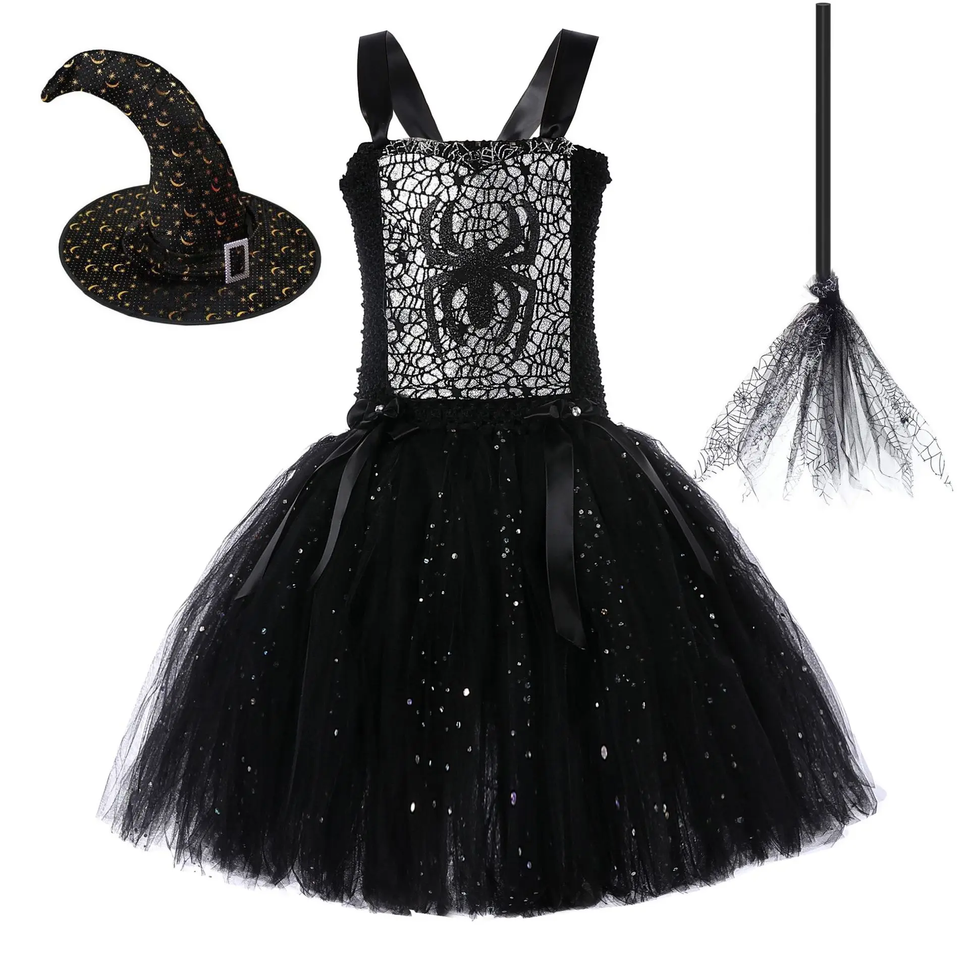 Children Halloween Party Dress Up Black Witch Spider Mesh Twinkle Sequins Tutu Dress With Magic Hat Broom Stage Performance Wear
