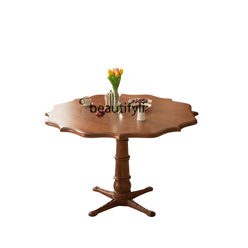 

Retro Solid Wood Dining Tables and Chairs Set Household Small Apartment Cherrywood French Multi-Person Small round Table