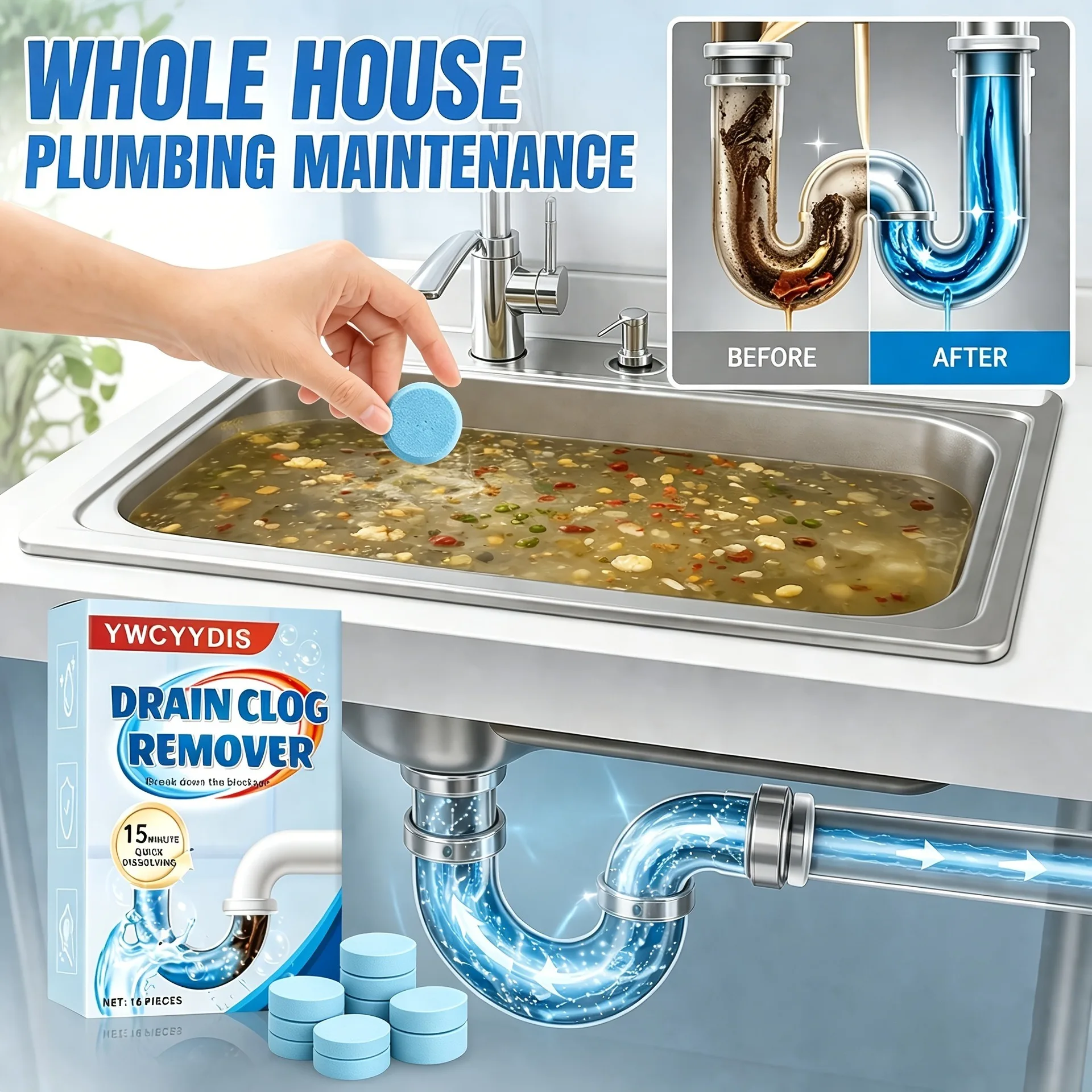 16pcs Independent Packaging Portable Sewer Drainage Pipe Unblock Effervescent Tablets Suitable for Multiple Scenarios