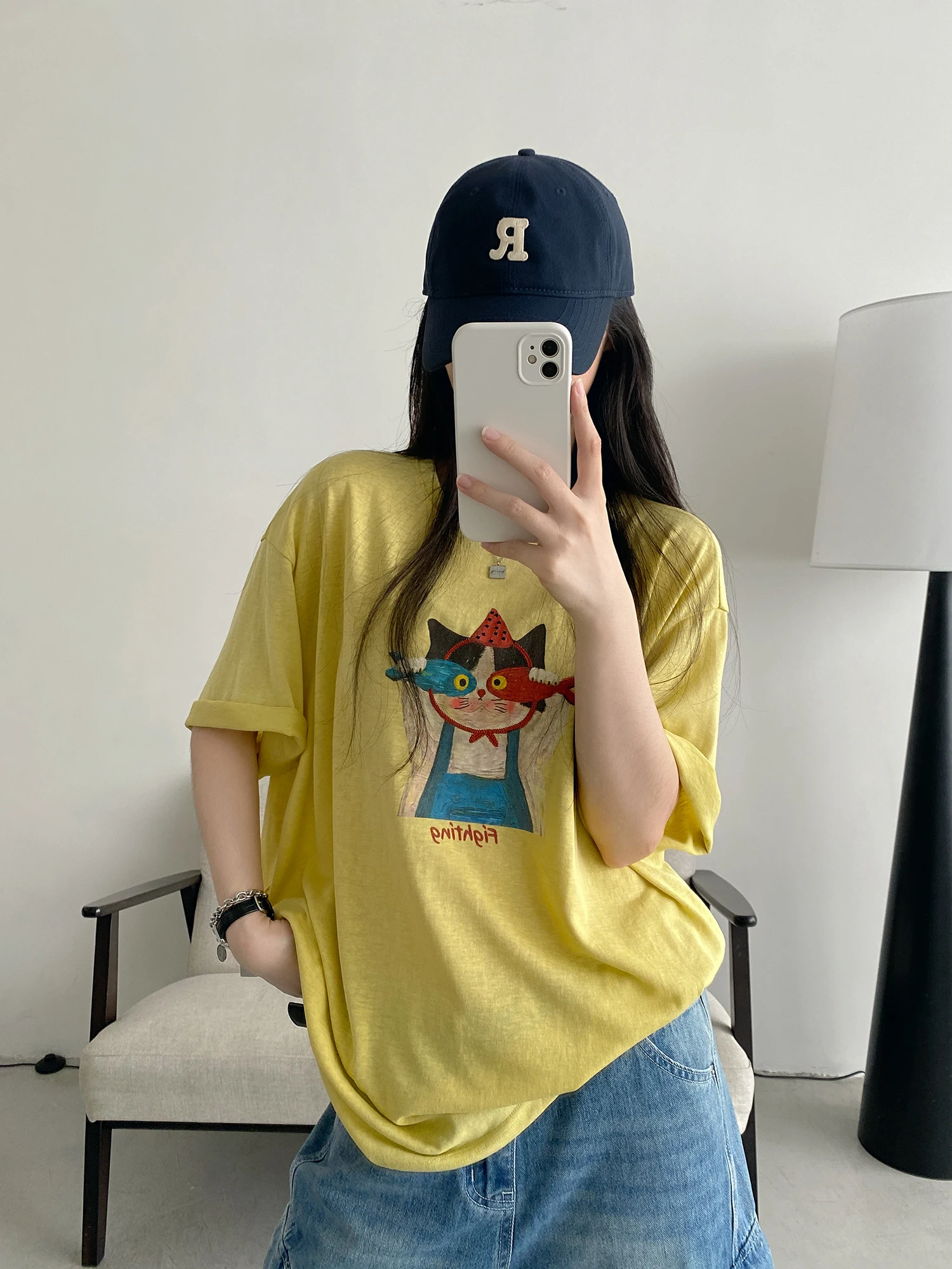 Sun You  Silk Linen Retro Oil Painting Cartoon Print Casual Loose Fit Short Sleeve T-Shirt Women Summer round Neck Top