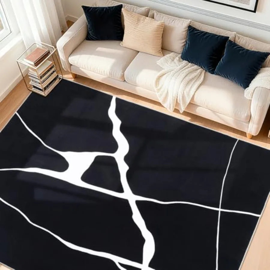 

Washable 5x7 rug for living room bedroom dining room office playroom, ultra-thin non-slip black-white striped modern minimalist