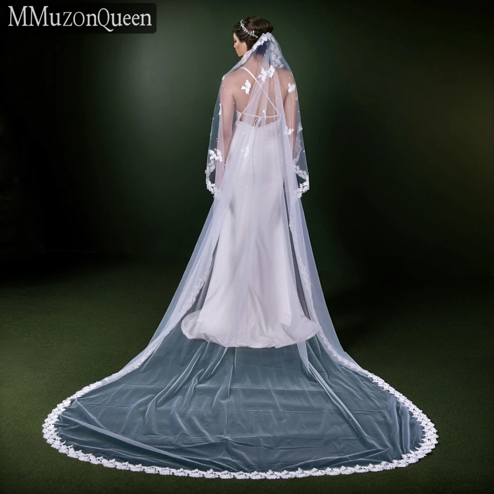 MMQ M10 Lace Cathedral Wedding Veil Handmade Long Trailing Beaded Bridal Veil One Layer Soft Tulle Yarn No Comb