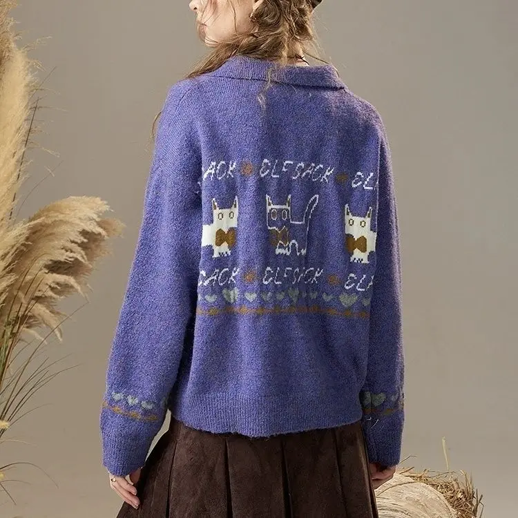 

Japan Cat Jacquard Cardigan Sweater Women'S Autumn And Winter New Retro Lapels