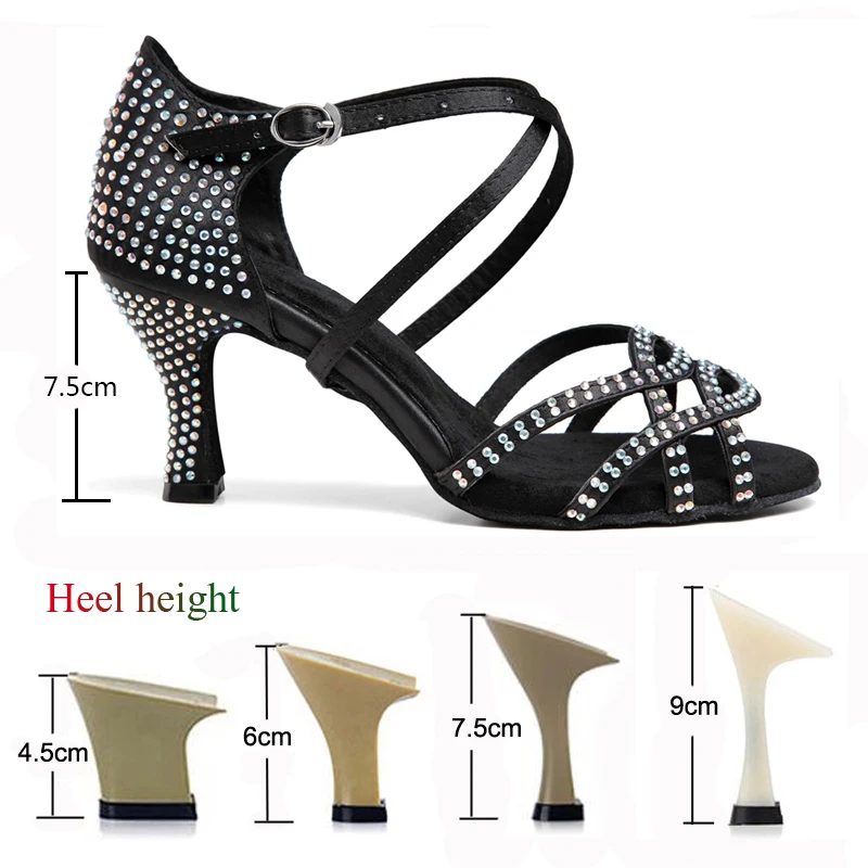 New Latin Dance Shoes Women\'s Salsa Tango Ballroom Party High Heels Rhinestones Skin Color Black Women\'s Shoes Summer Sandals