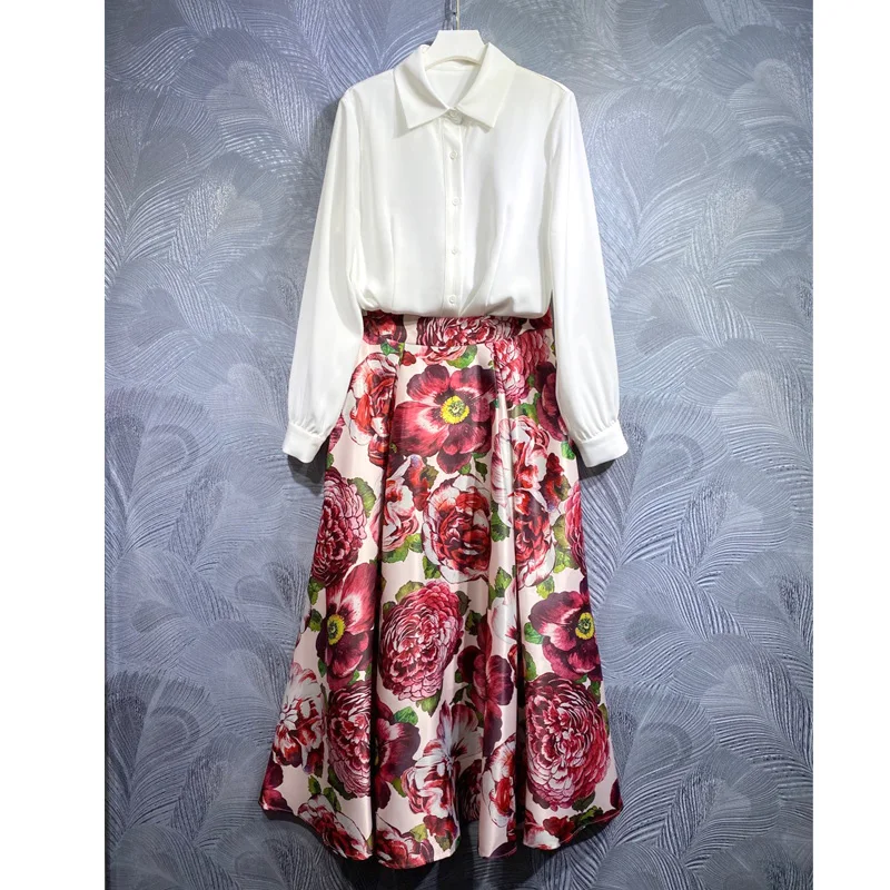 

Doris Fanny Spring Summer Two Piece Sets Women Long Sleeve White Shirt+ Floral SKirt Fashion Designer Lady Formal Dress