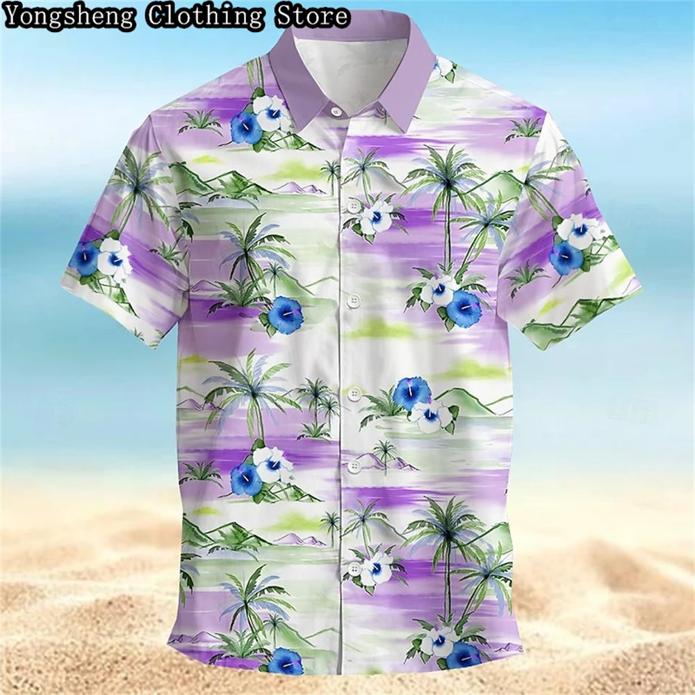 Men\'s short-sleeved striped printed ice silk casual shirt independent site hot-selling Hawaiian vacation short-sleeved clothing