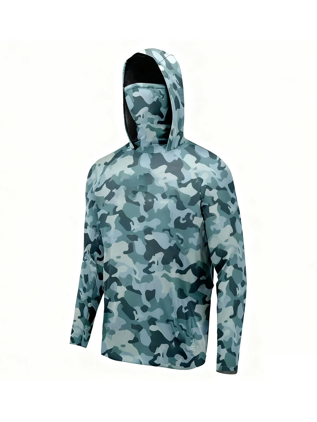 Herren Sommer UPF50+ Angel-Hoodie mit Gesichtsmaske Blau-Schwarz Camo-Druck Schnelltrocknend Atmungsaktiv Langarm Angelhemd – Detail 3