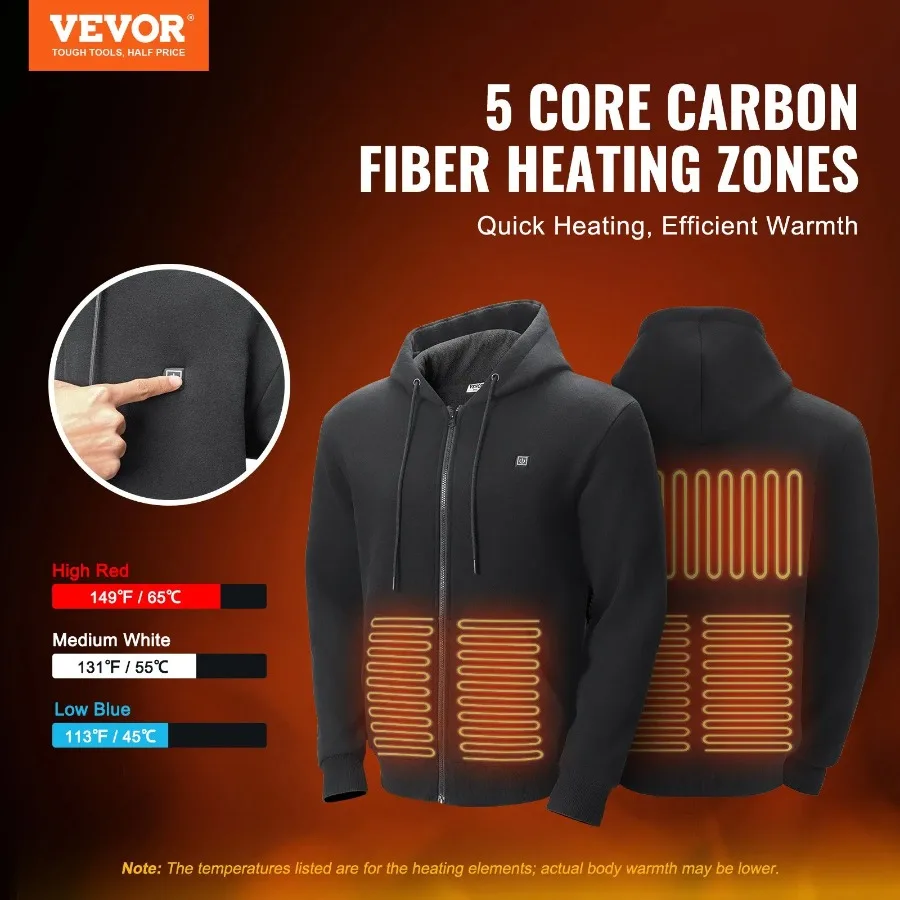 VEVOR Heated Hoodie Sweatshirt Zip Up Unisex Battery Men Women XXXL Black