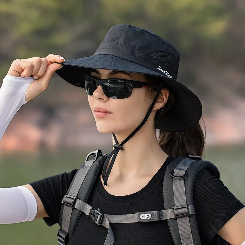 Xinbaoguan 100% Polyester Summer Outdoor Sun Hat, Breathable Sun Hat, Folding Sun Hat, Female Ponytail Hole Fisherman Hat