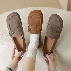 Square Toe Bucket Flats Woman Wide Leg Fit Autumn Walking Shoe Non-slip Mother Gift Suede Shoes Soft Comfortable Moccasins