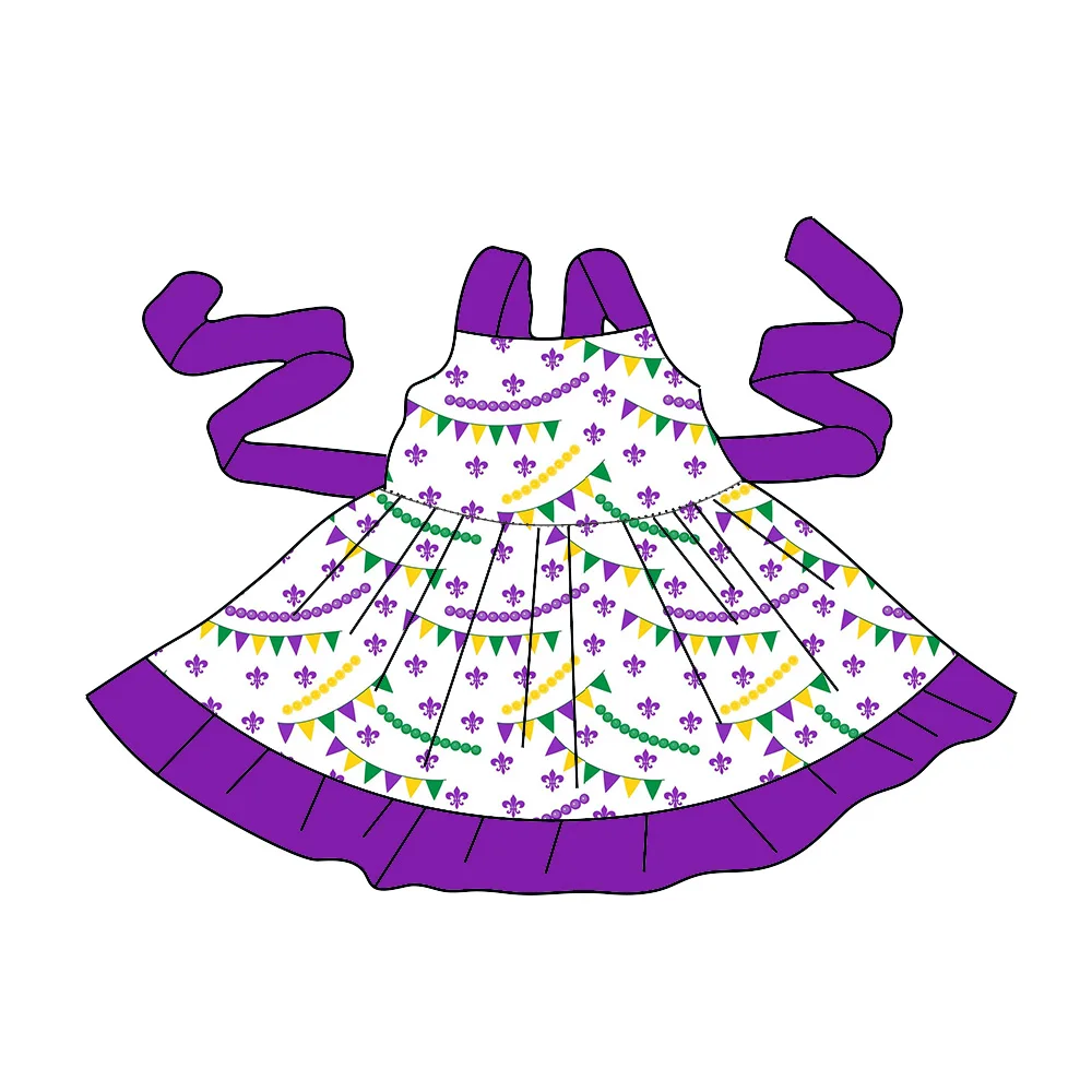 New baby dress clothing Mardi Gras boutique children's suit suspender cartoon bead printed rope dress girl clothing
