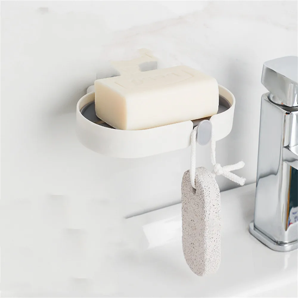 Wall Mounted Soap and Sponge Holder, Storage Rack, Paste Type, No Trace, Kitchen, Bathroom Supplies, Removable Drain Rack with Hook