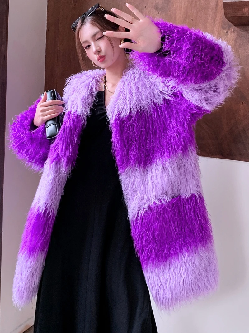 Original Design Female Contrast Color Faux Fur Coat Loose Splicing Long Jacket Lady Shaggy Outerwear Women's Coats Promotion