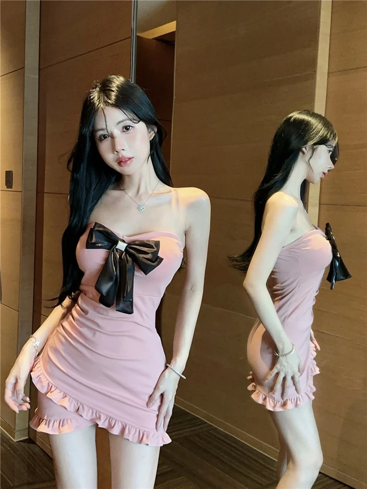 French sle Socialite Sexy Tube Top Super Slim fit Irregular Frill Hip Skirt Bow Inner wear Dress Women Autumn