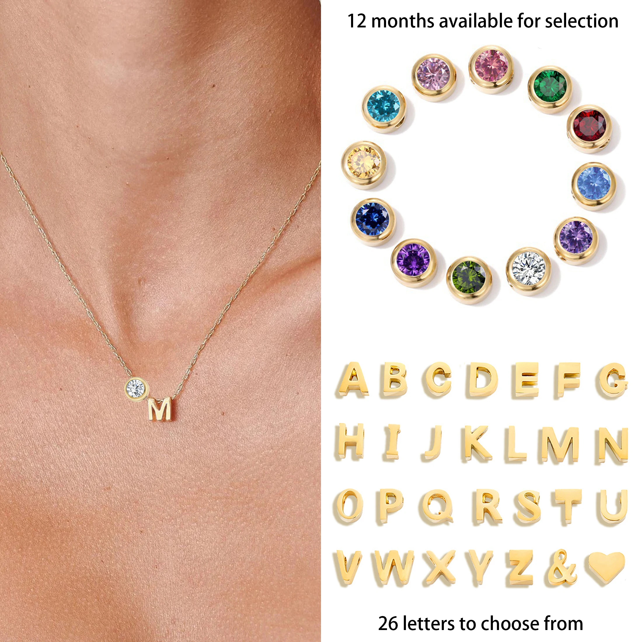 Tastefully customized stainless steel gold plated glossy capital 26 letters with Birthstone pendant Lucky Ladies necklace