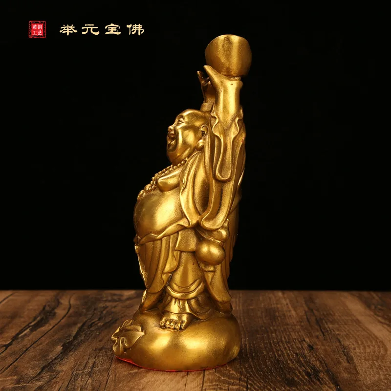 Large Laughing Figurine, New Classical Style, Pure Bronze, Holding a Gold Ingot, Future Buddha Ornament
