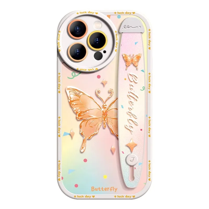 جراب بحزام معصم فاخر لهاتف أيفون 15 14 13 12 11 برو ماكس X XR Xs غطاء واقي للهاتف الخلوي من السيليكون فراشة الأحلام #5