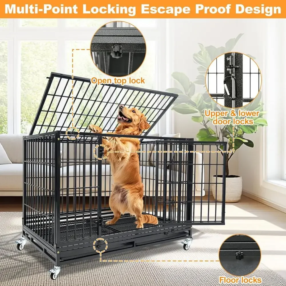 47 Stackable Large Dog Crate with 4 Wheels, 2 Removable Trays, Multi-Locks for Secure Indoor Kennel