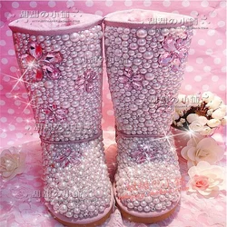 Winter fleece warm boots Pearl handmade custom rhineau flower Sweet fur one-piece boots Women's plus size 35-44