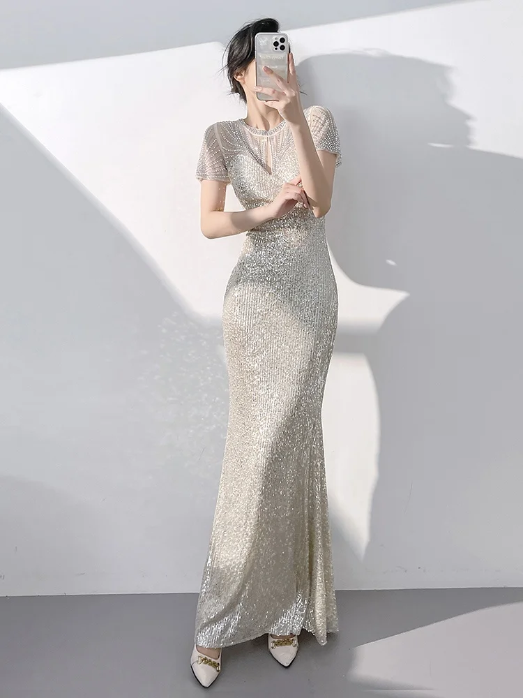 

Champagne Color Evening Gown 2025 New Sle Banquet Elegance Luxury Small ence Host Adult Ceremony Sequin Fi Tail Skirt...