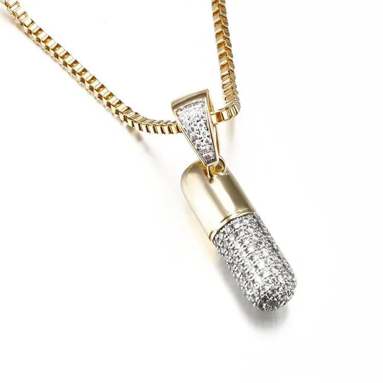 Cz Diamond Pendant Pill Hip Hop Necklace Fashion Full Diamond Zircon Men's and Women's Gold Plated Jewelry