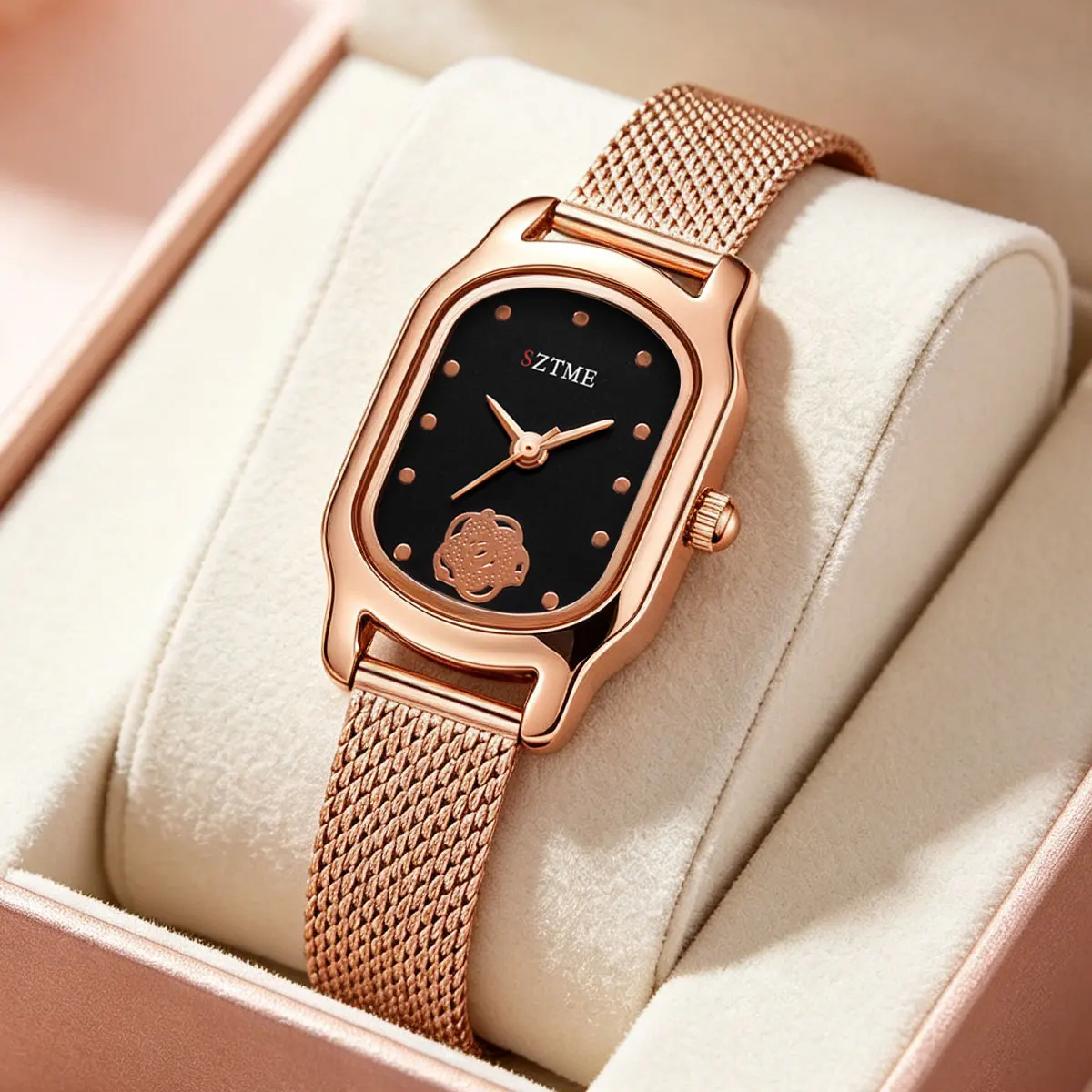 Rose Gold Rectangle Luxury Women's Watch Milanese Mesh Band Floral Scale Versatile Fashionable Compact Simple Ladies' Wristwatch