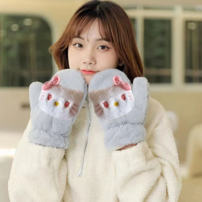 Cute Kitty Pochacco Winter Warming Mittens Cartoon Plush Thickened Gloves Cycling Travel Cold-Proof Mittens Girl Birthday Gift
