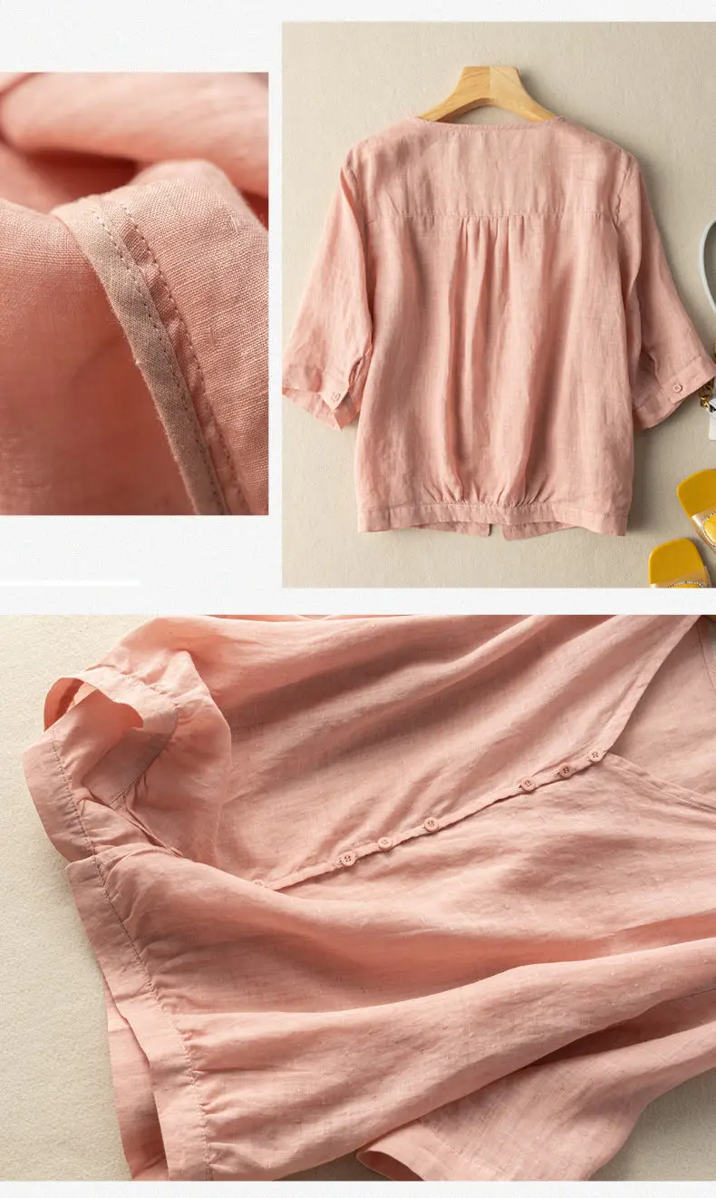 Cotton and Linen Thin Section V-Neck Shirt Summer New Literary Retro Pure Color Simple Korean Version of Loose Tops Female
